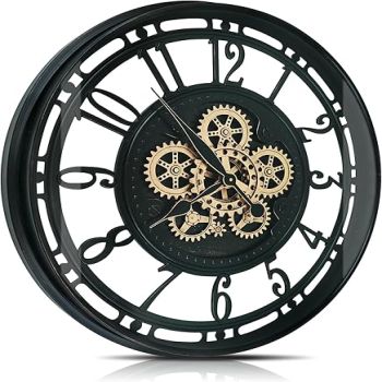 DORBOKER Real Moving Gears Wall Clock Large Modern Metal Clocks for Living Room Decor, Industrial Steampunk Unique Vintage Rustic Decorative Clock for Home Farmhouse Office, 21 Inch Black Gold Arabic