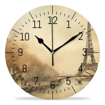 erolrail Rustic Wall Clock,Silent Non Ticking Wall Clocks for Living Room,Bedroom,Kitchen 12IN Eiffel Tower Retro Paris Cute Drawing