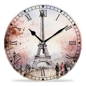 erolrail Rustic Wall Clock,Silent Non Ticking Wall Clocks for Living Room,Bedroom,Kitchen 12IN Eiffel Tower Pink Paris Cute Design