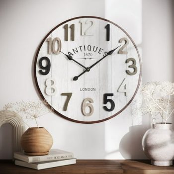 Evelina White Shiplap Round Metal Wall Clock