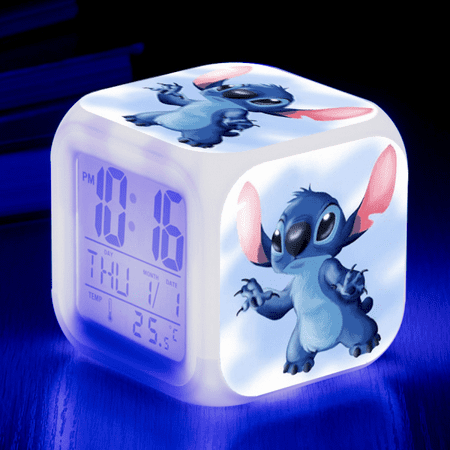 HANNTAOO Digital Alarm Clock for Kids, Cartoon Stitch Pattern 7 LED Color Changing Wake Up Clock with Thermometer Function and Night Light, Gift for Boys Girls A93-1819 HTNL#1360