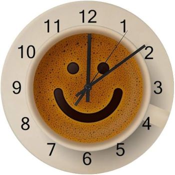 Hapuxt Wall Clocks Round Wooden No Ticking Sound Quartz Quiet Movement AA Battery Operated ﻿Coffee Cup Froth Smiley Face Home Kitchen Decor 12 Inch