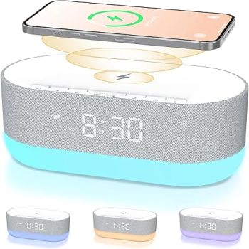 HOUSBAY Sound Machine with Alarm Clock for Bedrooms, Dual Speakers, 21 HiFi Sounds, 10W Wireless Charger, Unlimited Sound, Bluetooth, 10 Night Light, White Noise Machine for Sleeping