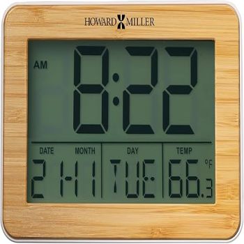 Howard Miller Alarm Clock - Battery Operated White LCD Bamboo Frame Alarm Clock - Alarm Clock with Adjustable Backlight Perfect for Home Decor, Room Decor, and Office Desk - All-in-One LCD Display