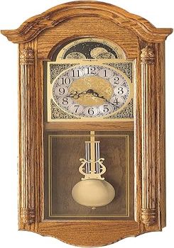 Howard Miller Clay Wall Clock II, Crystal Glass Golden Pendulum Wall Clocks, Analog Display Ave Maria Chime Movement Perfect for Living Room & Home Decor, Home Shape Portable Clock