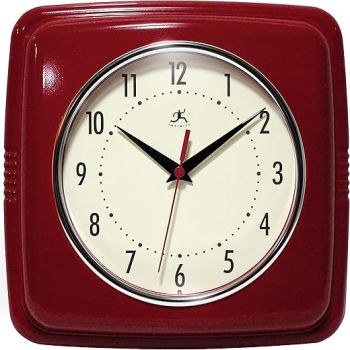 Infinity Instruments Square Silent Retro 9 inch Mid Century Modern Kitchen Diner Retro Wall Clock Quartz Sweep Movement (Red)