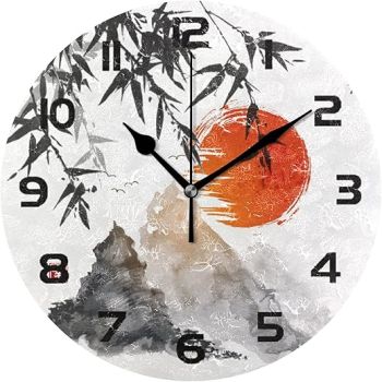 Japanese Art Painting Wall Clock Silent Non-Ticking,Asian Red Sun 9.5 Inch Round Wall Clock Battery Operated Clock Decor for Home Wall Bathroom Kitchen Bedroom Living Room Office Classroom Patio