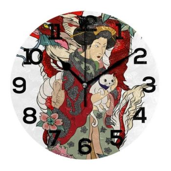 Japanese Geisha Dragon Cat Peach Round Acrylic Wall Clock Non Ticking Silent Clocks for Home Decor Living Room Kitchen Bedroom Office School