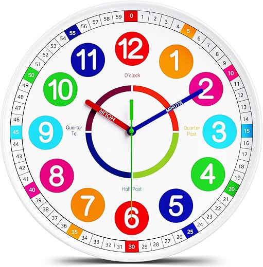 Kids Wall Clock - Non-Ticking, Battery-Operated Time Teaching Clock for Kids, Ideal for Children’s Bedrooms, Playrooms, and Stylish Home Décor – White, 8 Inch