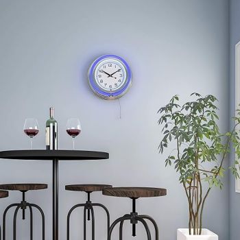 Lavish Home Neon Wall Clock- 14” Round, Double Light Ring, Battery Operated, Analog Quartz Timepiece-Retro Decor for Bar, Garage & Game Room (Blue)