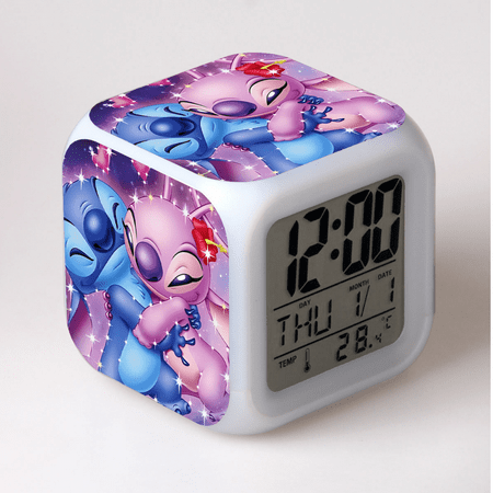 LED Alarm Clock Stitch Pattern Creative Desk Table Clock Glowing Electronic Colorful Digital Clock for Unisex Adults Girl Boy Kids Children Toy Birthday Present Gift