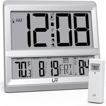 LFF Atomic Clock Large Display, Digital Wall Clock with Indoor Outdoor Temperature and Date, Wireless Outdoor Sensor, Digital Desk Alarm Clock Battery Operated for Bedroom, Easy to Read,Sliver