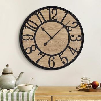 Maxstar Large Wall Clock for Living Room,Metal & Wood Silent Rustic Farmhouse Wall Clock with Arabic Numeral, Battery Operated Wall Clocks Decorative for Bedroom Office Home Decor 24inch Black