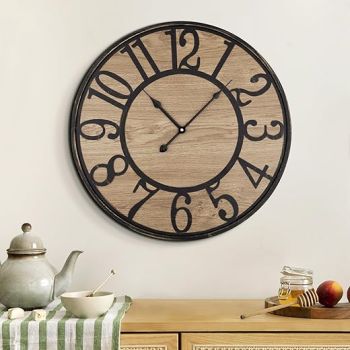 Maxstar Large Wall Clock Silent Bronze Rustic Farmhouse Metal & Wood Clocks with Arabic Numeral, Battery Operated Wall Clocks Decorative for Living Room Bedroom Office Home Decor 24inch