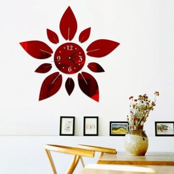 Modern Flowers Digital 3D Large Wall Clock Mirror Stickers Self-Adhesive Acrylic Wall Clock Crystal Mirror Decals DIY Silent Petal Combo Art Wall Clocks Decoration for Home Apartment Office (Red)