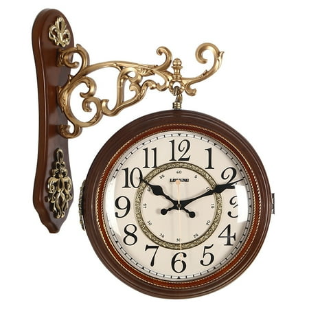 O6am European Style Living Room Mute Double-Sided Wall Clock Vintage Rosewood Color Classic Luxury Decoration American Pastoral Atmosphere