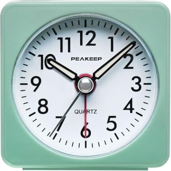 Peakeep Ultra Small, Battery Travel Alarm Clock with Snooze and Light, Silent with No Ticking Analog Quartz (Aquamarine)