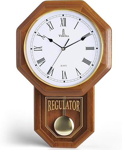 Pendulum Wall Clock Battery Operated - Regulator Clock - Wooden Schoolhouse Wall Clock with Pendulum - Wood Pendulum Clock - Decorative Wall Clocks for Living Room Decor, Home, Office and Gift 18x11