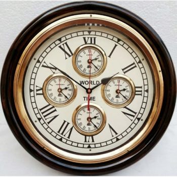 Piru Vintage Look Wall Clock with World Time 5 Countries Time with Beautiful Solid Golden Ring (Dark Brown & Golden)