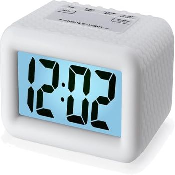 Plumeet Digital Kids Alarm Clock with Snooze and Backlight - Simple Travel Clocks Large LCD Display - Loud Alarm Clock for Bedroom - Battery Powered (White)