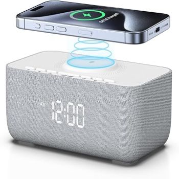 Reacher Sound Machine Alarm Clock, Wireless Charger for iPhone/Phone, 0-100% Dimmable, 15W Fast Wireless Charging Station, Digital Clock, White Noise Machine for Bedroom, Bedside, Office