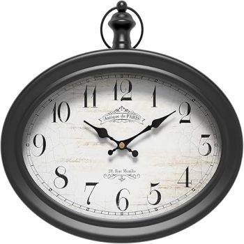 Retro Oval Wall Clock. Black Vintage Antique Style. Battery Operated Silent Wall Clocks for Farmhouse,Kitchen,Bedroom,Bathroom (10.5 H x 11.3 W)