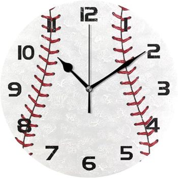 Sports Baseball Print Wall Clock Silent Non-Ticking,Baseball 9.5 Inch Round Wall Clock Battery Operated Clock Decor for Boys Room Home Wall Bathroom Kitchen Bedroom Living Room Office Classroom Patio