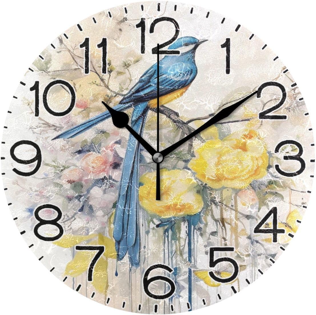 Spring Blue Bird with Yellow Flowers Butterflies Wall Clock Battery Operated Non Ticking Silent Quartz Analog Rustic Farmhouse Round Clock Retro Decor for Home Kitchen Living Room Bathroom