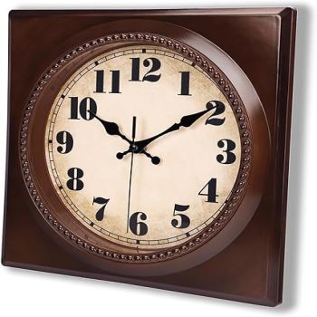 Square Retro Wall Clock 12 Inch Kitchen 50's Vintage Design,Silent Non-Ticking Battery Operated Clock,Brown