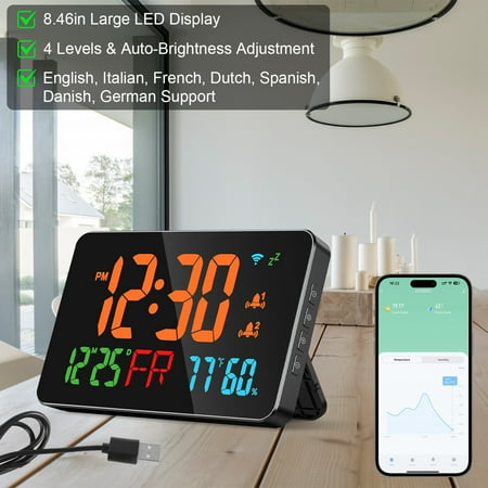 Teqhome WiFi Auto Set Digital Alarm Clock for Bedroom 8.46 Large LED Digital Clock with 4 Level Brightness 2 Alarm Setting Temperature Humidity Detect App Control Desk Decor