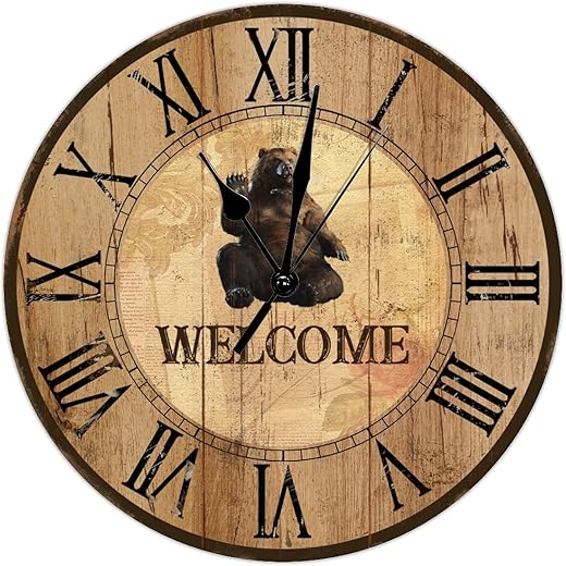 Vintage Black Bear Wall Clock Log Cabin Decor Personalized Welcome Wall Clock Large Wooden Wall Clocks Battery Operated 12 Inch Silent Antique Vintage Home Decor for Kitchen Living Room Bedroom Office