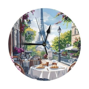 Wall Clock - Parisian Cafe With Eiffel 9.8 Inch Silent Non Ticking Modern Round Wall Clocks Battery Operated Classic Clock for Bedroom, Living Room, Office, Home, Kitchen, Bathroom