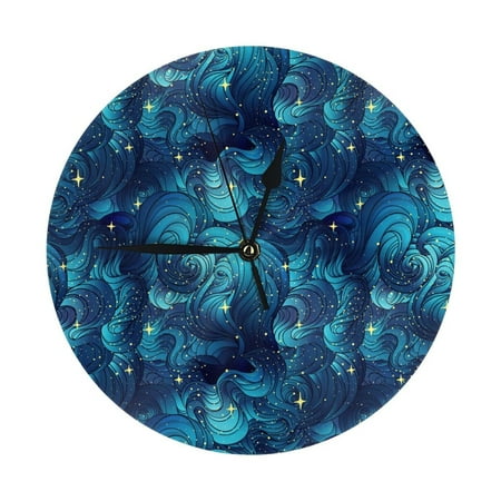 Wall Clock, shiny star navyblue wave Wall Clocks Battery Operated Silent Kitchen Office Wall Clock Decorative, Wall Clock for School Classroom Living Room Bedroom Home Decor