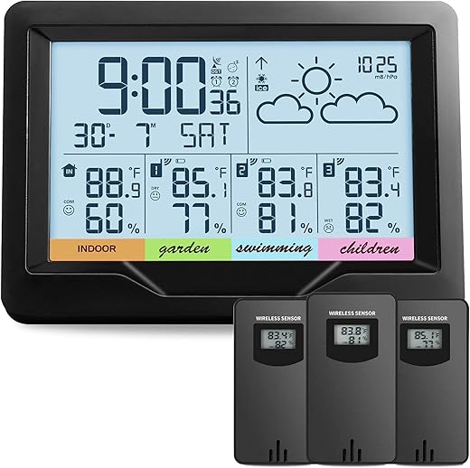 Weather Station Wireless Indoor Outdoor Thermometer Digital Atomic Clock with Multiple Sensors, Temperature and Humidity Monitor, Weather Thermometer for Forecast Stations with Backlight