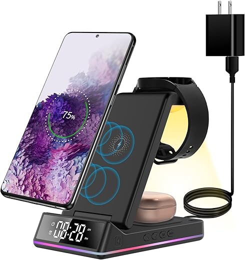 Wireless Charger with Clock+Alarm for Samsung Charging Station, 3 in 1 Android Phone Multiple Devices Charger for Galaxy S22 Ultra/S21/Z Flip/Fold 4/Buds/Galaxy Watch 5/Pro/4/3(Only for Samsung Watch)