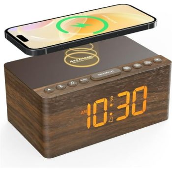 Wooden Sound Machine Alarm Clock for Bedroom, Bluetooth Speaker, Wireless Charging Station for iPhone/Samsung, Sleep Timer, 0-100% Dimmer, White Noise Machine for Sleeping Adults with 20 Sounds