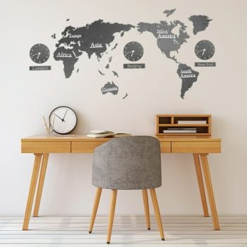 Zcyifa World Map Wall Clock Creative Wall Clock Decorative Wall Map Multiple Time Zone Clock No Battery