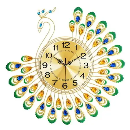 3D Peacock Wall Clock,14.6 inch Silent Luxury Crystal Iron Non Ticking Wall Clocks for Living Room Decor Modern Big Wall Clocks Battery Powered Mid Century Decor Clock for Living Room Home