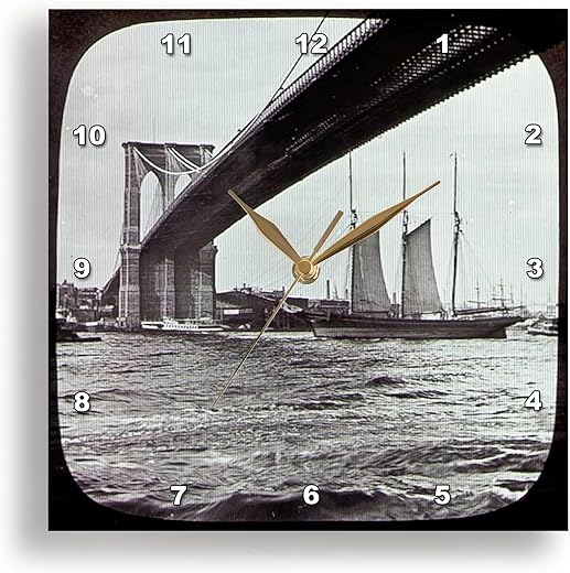 3dRose DPP_77343_2 Brooklyn Bridge with Sailboat East River New York City Glass Slide-Wall Clock, 13 by 13-Inch