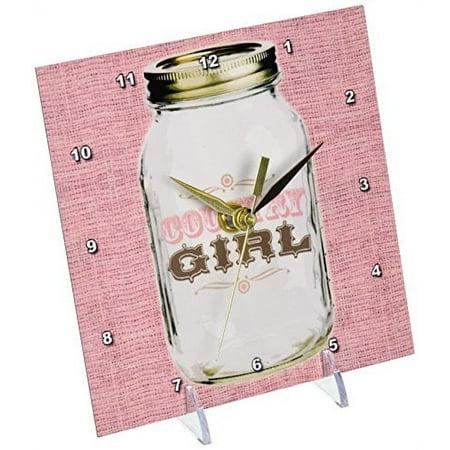 3dRose Mason Jar on Burlap Country Girl in Pink, Desk Clock, 6 by 6-inch