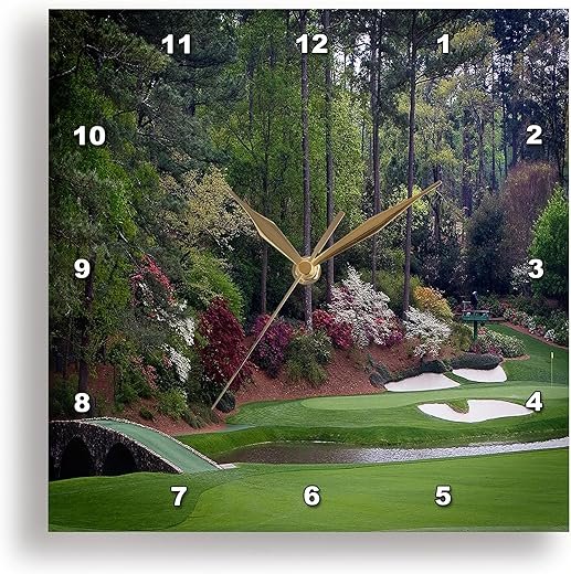 3dRose Wall Clock Silent - 10 inch - Augustas Amen Corner Golf Course - Golfers on Bridge - Landscape