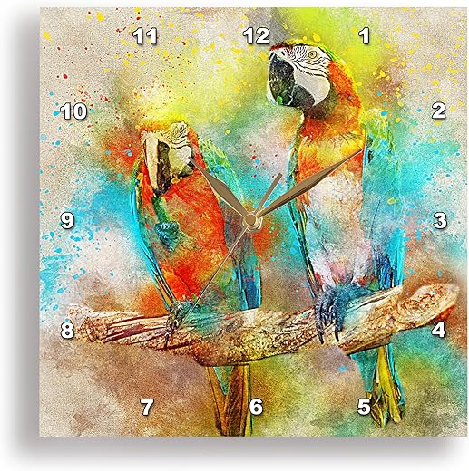 3dRose Wall Clock Silent - 13 inch - Parrot Macaw Bird with Watercolor Background - Animal