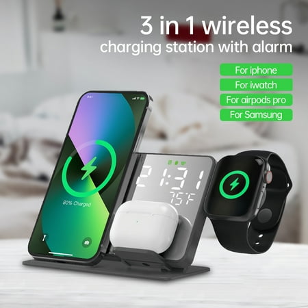 3 in 1 Wireless Charger For iPhone 14 13 12 Pro For Apple Watch S8 7 15W Fast Charging Dock Station Desktop LED Digital Alarm Clock