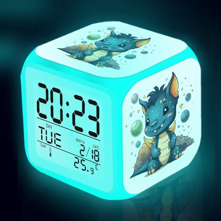 3inch Dragon Kids Alarm Clock with 7 Colorful Light, Battery-Operated Desktop Mini Alarm Clock for Boy Bedroom Decor Study Travel Gift