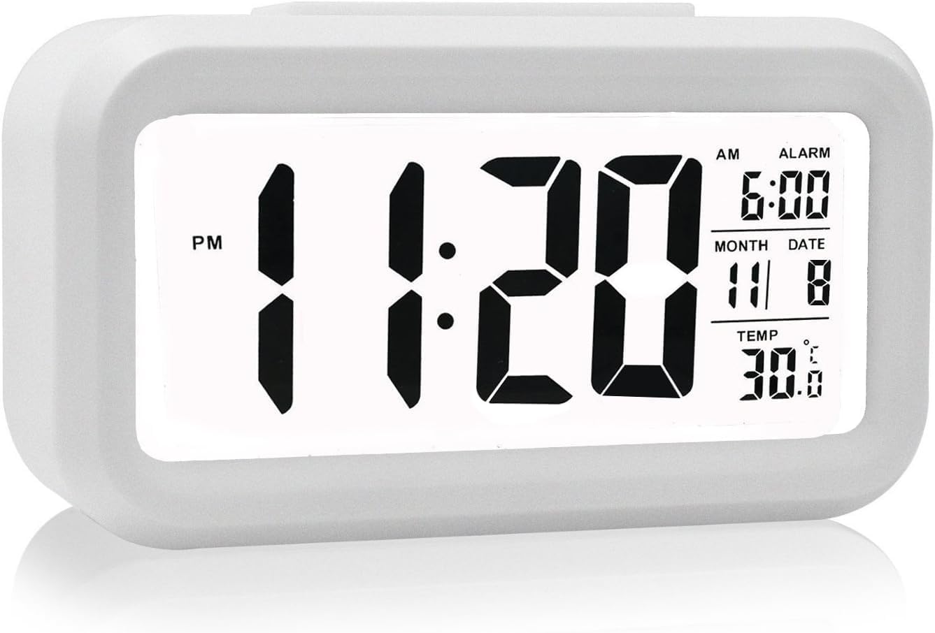 4.5 LED Display Digital Alarm Clock Battery Operated/Night Light with Indoor Temperature, Small Alarm Clock Bedrooms Beside Travel (White)