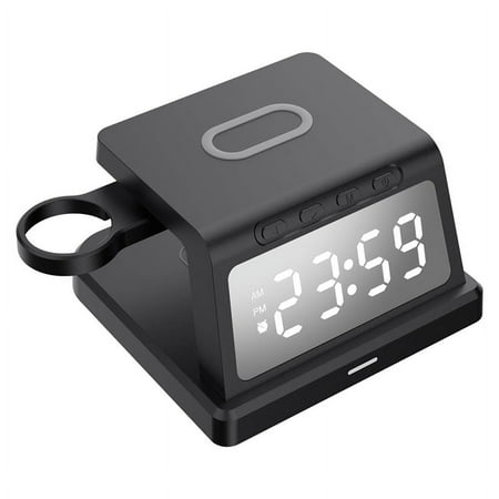 4 In1 Wireless Charger Alarm Clock with 15W Wireless Charger Stand Charging Dock for Mobile Phone Earphone Smart Watch