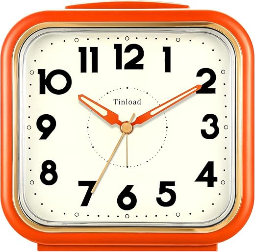 5.5" Silent Analog Alarm Clock • Non Ticking • Gentle Wake • Beep Sounds • Increasing Volume • Battery Operated Snooze and Light Functions • Retro Orange