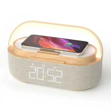 6 in1 Multi-functional Bluetooth Speaker-FM Radio-Smartphone Wireless Charger for IPhone 15/14/13/12/11 Series-Alarm Clock-Touch Control Bedside Lamp-Phone Stand