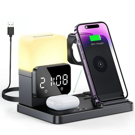 6 In 1 Wireless Charger Stand Alarm Clock Lamp Foldable Charging Dock Station for iPhone 14 13 12 11 Pro Max For iWAtch 8 7 For airpods