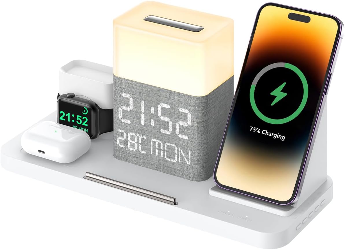 6 in 1 Wireless Charging Station, Fast Charger Station with Bluetooth TimeSync, Touch Night Light Temperature, 30W Adapter Compatible with iPhone 16/15/14/13/12 All Series & AirPods & iWatch